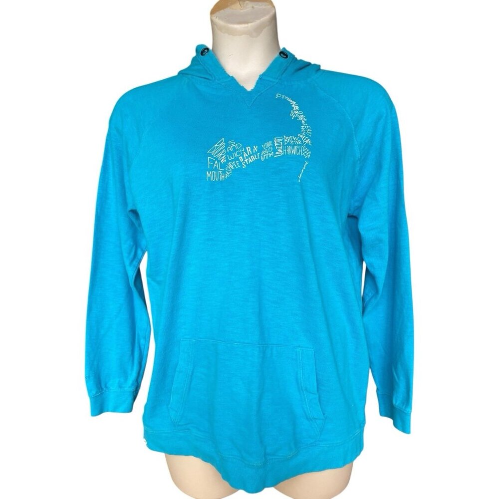 Cuffy’s Cape Cod Aqua Blue Hoodie L Map Graphic Cotton Sweatshirt Coastal Women